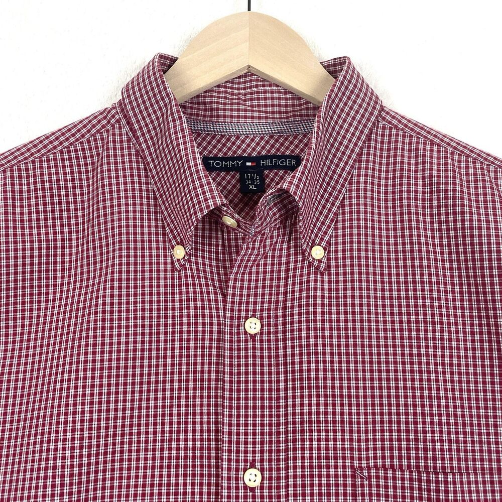 TOMMY HILFIGER Shirt Mens XL Red Check Long Sleeve 100% Cotton Preppy Casual